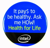 image of an intel health for life employee button