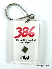 image of an Intel keychain with 386 387 cpu chip