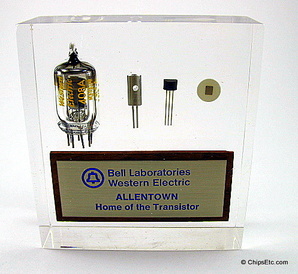 image of a bell labs computer logic paperweight with transistor, IC and vacuum tube