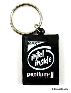 image of an intel keychain with Pentium II MMX logo