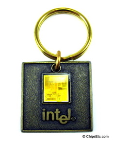 image of an Smithsonian / intel keychain with Pentium cpu chip