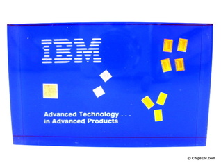 IBM paperweight with Advanced technology samos 64k 72k 704 bipolar logic and mosfet microprocessor computer chips